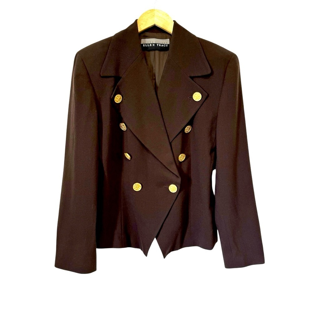 Vintage 90s Ellen Tracy Brown Wool Blazer Double Breasted Linda Allard Womens 8‎